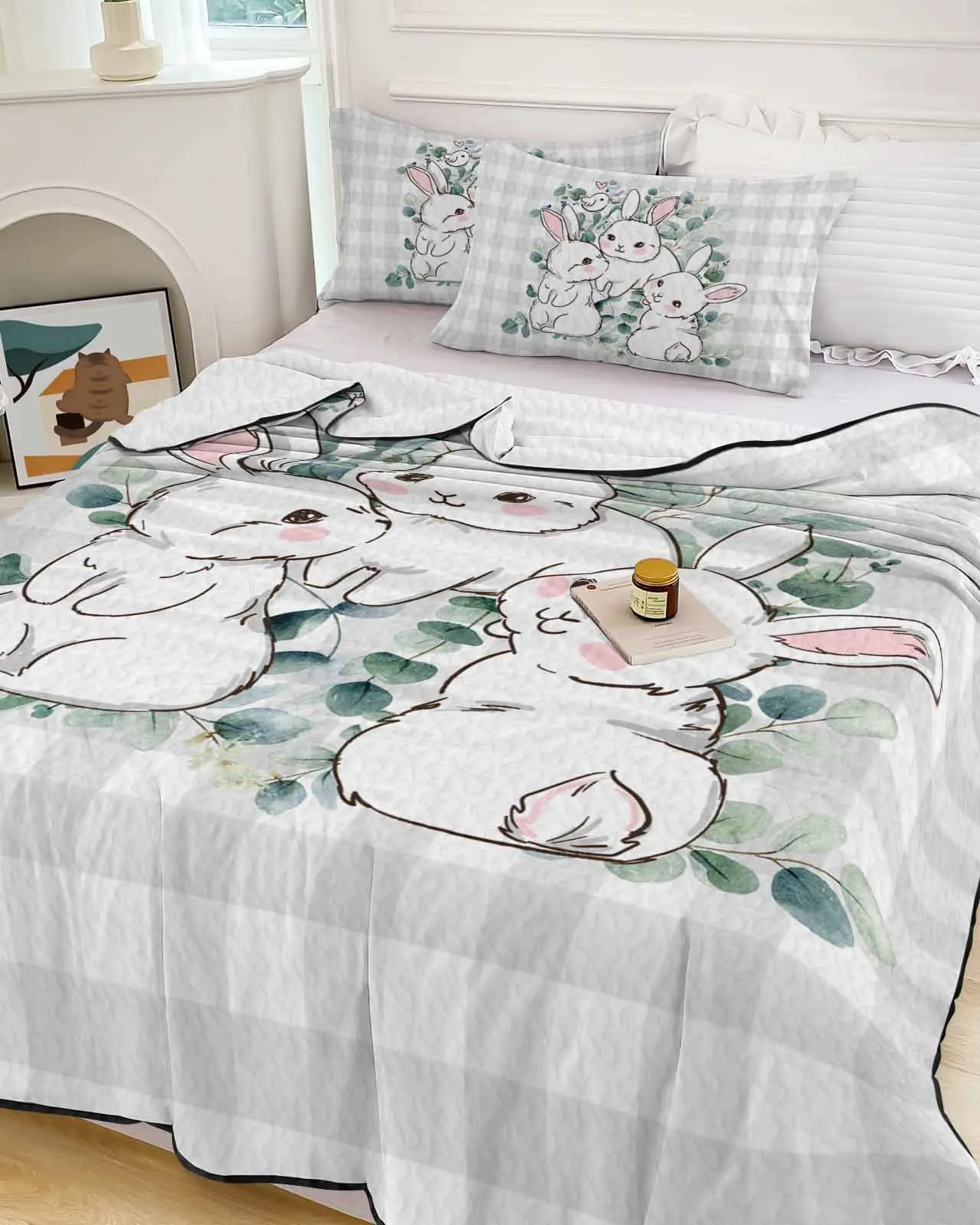 Easter Grey Checkered Eucalyptus Leaf Rabbit Cooling Blankets Air Condition Comforter Lightweight Summer Quilt Thin Quilt