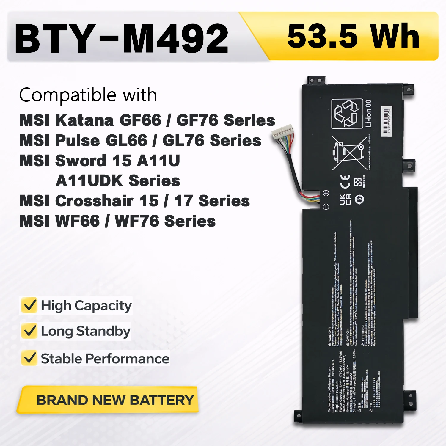 PowerHub BTY-M492 11.4V 53.5Wh Laptop Battery For MSI Katana GF66 GF76 Pulse GL66 GL76 Sword 15