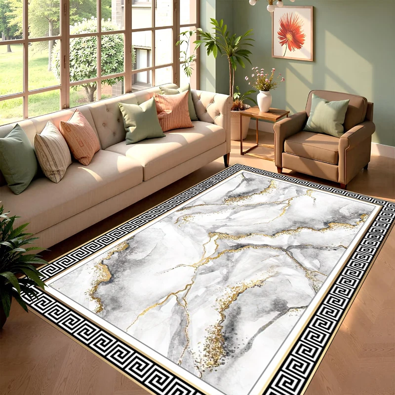 

Роскошный прямоугольный ковер с золотой фольгой и мраморным узором, греческий ключевой орнамент, современный мягкий декоративный напольный коврик для гостиной, спальни, домашнего декора