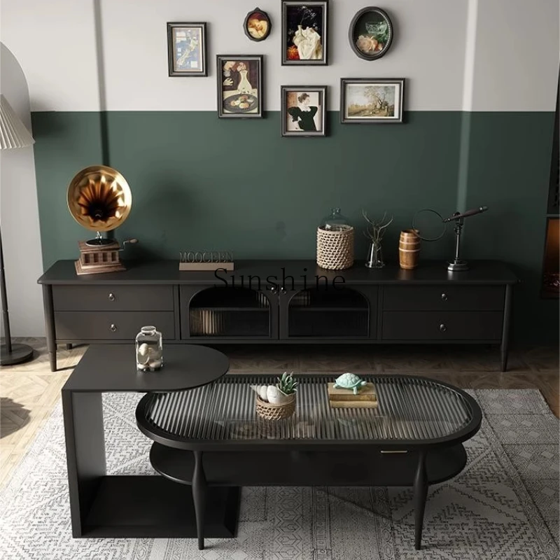 Retro solid wood coffee table TV cabinet combination light luxury living room home black Changhong glass table