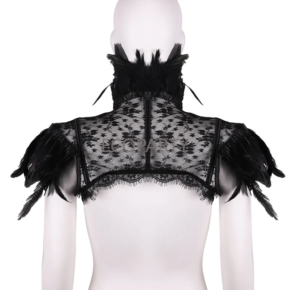 Retro Vintage Punk Gothic Feather Collar ramię koronkowa peleryna Bolero kurtka wzruszając ramionami topy impreza z okazji Halloween Goth kostium wrony dla kobiet