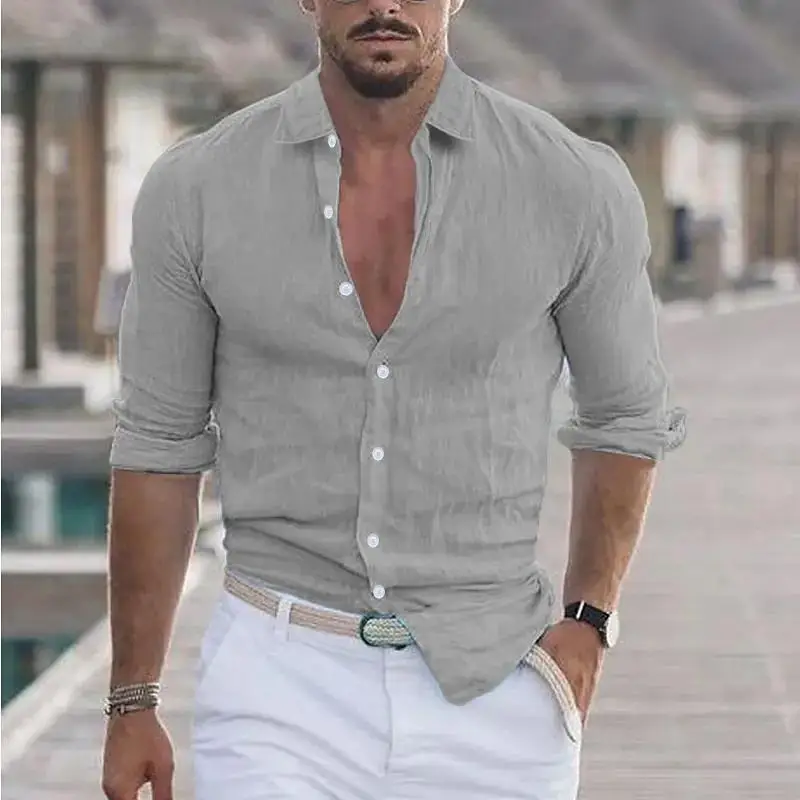 

Men's Spring And Summer New Cotton Hemp New Men's Cool Long Sleeve Shirt Solid Color Loose Lapel Casual Beach Style Shirt