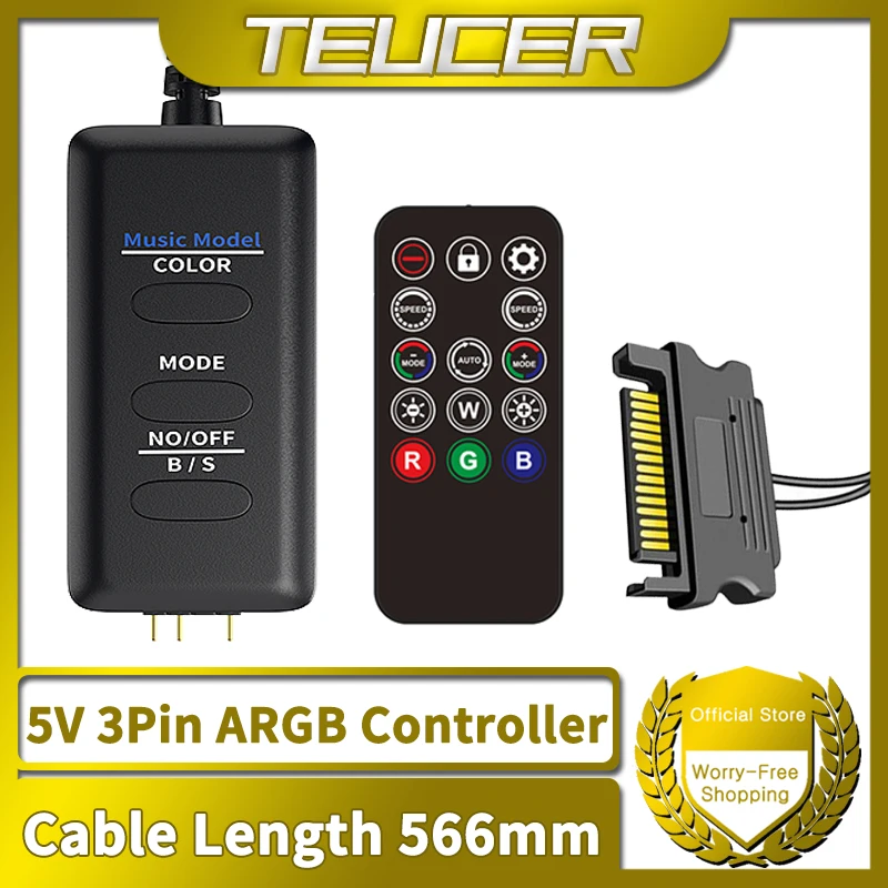 TEUCER LC-S50R ARGB 5V 3PIN to SATA 인터페이스 확장 케이블 라이트 컨트롤러, PC 케이스 팬용 원격 제어