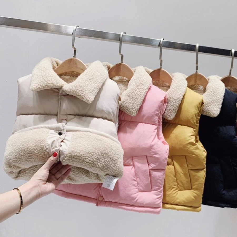 Boys Girls Winter Warm Padded Vest Sherpa Fleece Collar Sleeveless Jacket Snap Buttons Kids Gilet Outwear Multi-Color Available