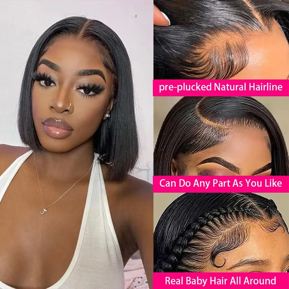مستقيم بوب شعر مستعار شعر الإنسان 13x4 الدانتيل شعر مستعار أمامي 200 الكثافة الشعر البرازيلي الطبيعي أسود مستقيم قصير بوب خصلات الشعر المستعار الإنسان