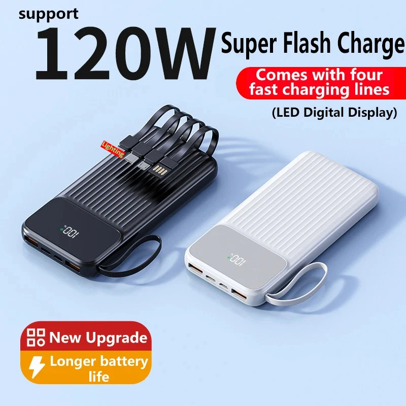 Power Bank 120W Super Fast Charging Power Bank Built-in 4-in-1 Cable LED Digital Display Portable Powerbank For iPhone Samsung