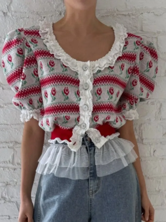 

Dongda Gate 2023, весна-лето, новый ретро-кружевной отделкой, цветной пуговицы, ор Све, вязаный открытый кардиган, женский модный топ