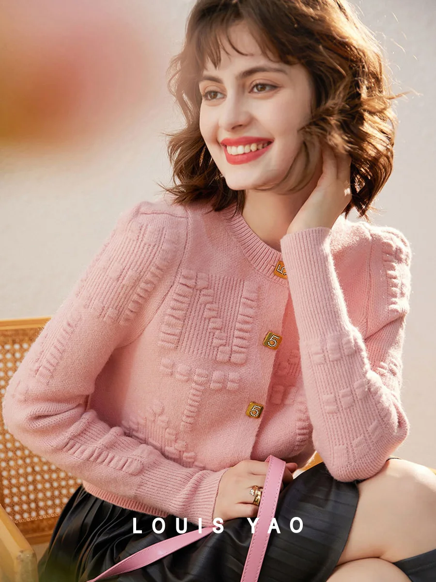 LOUIS YAO 2024 Winter Round Neck Sweater Women\'s Coat Elegant Three Dimensional Pattern Long Sleeve Cardigan Knitted Sweater
