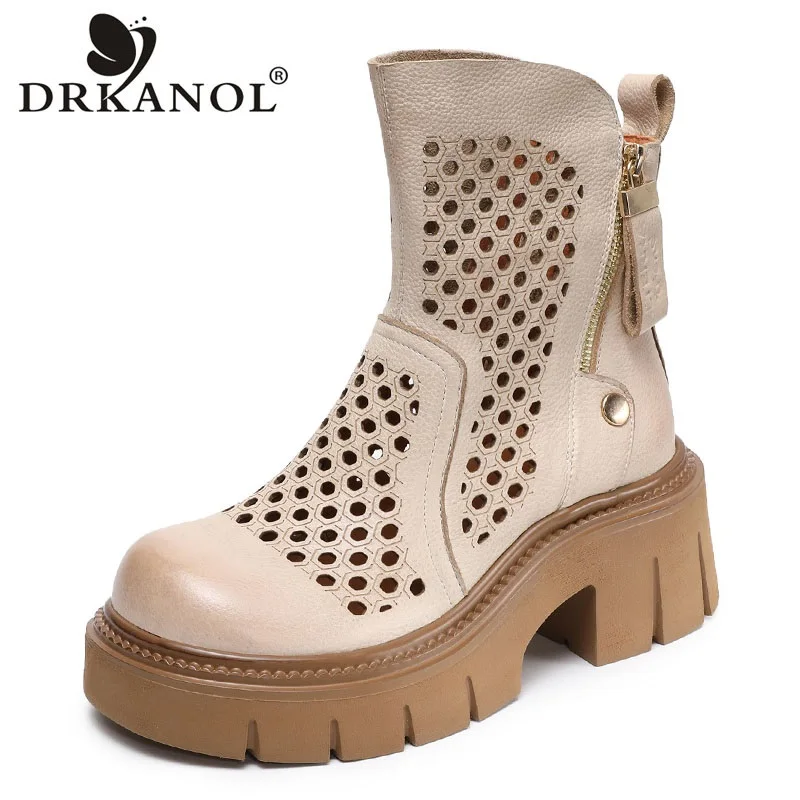 

DRKANOL Fashion Women Summer Cool Boots Hollow Out Breathable Genuine Cow Leather Thick Heel Chunky Platform Zipper Ankle Boots