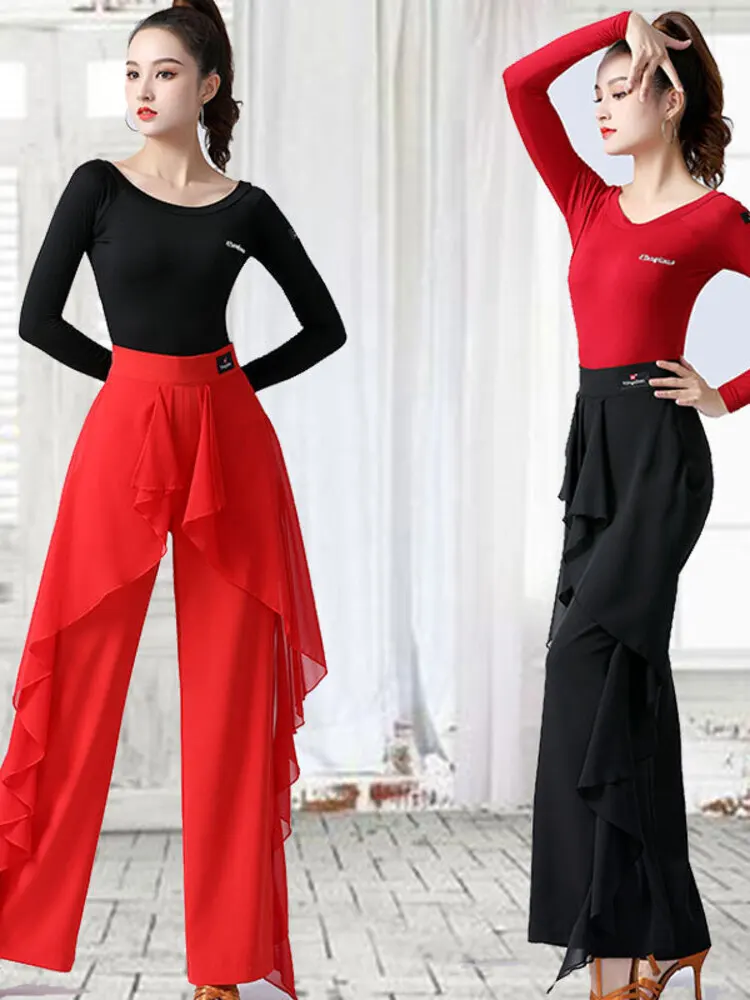 ソリッドカラー社交ワルツパンツダンスウェア高級クラシックハイウエスト競技ラテン女性フリル標準ジャズズボン