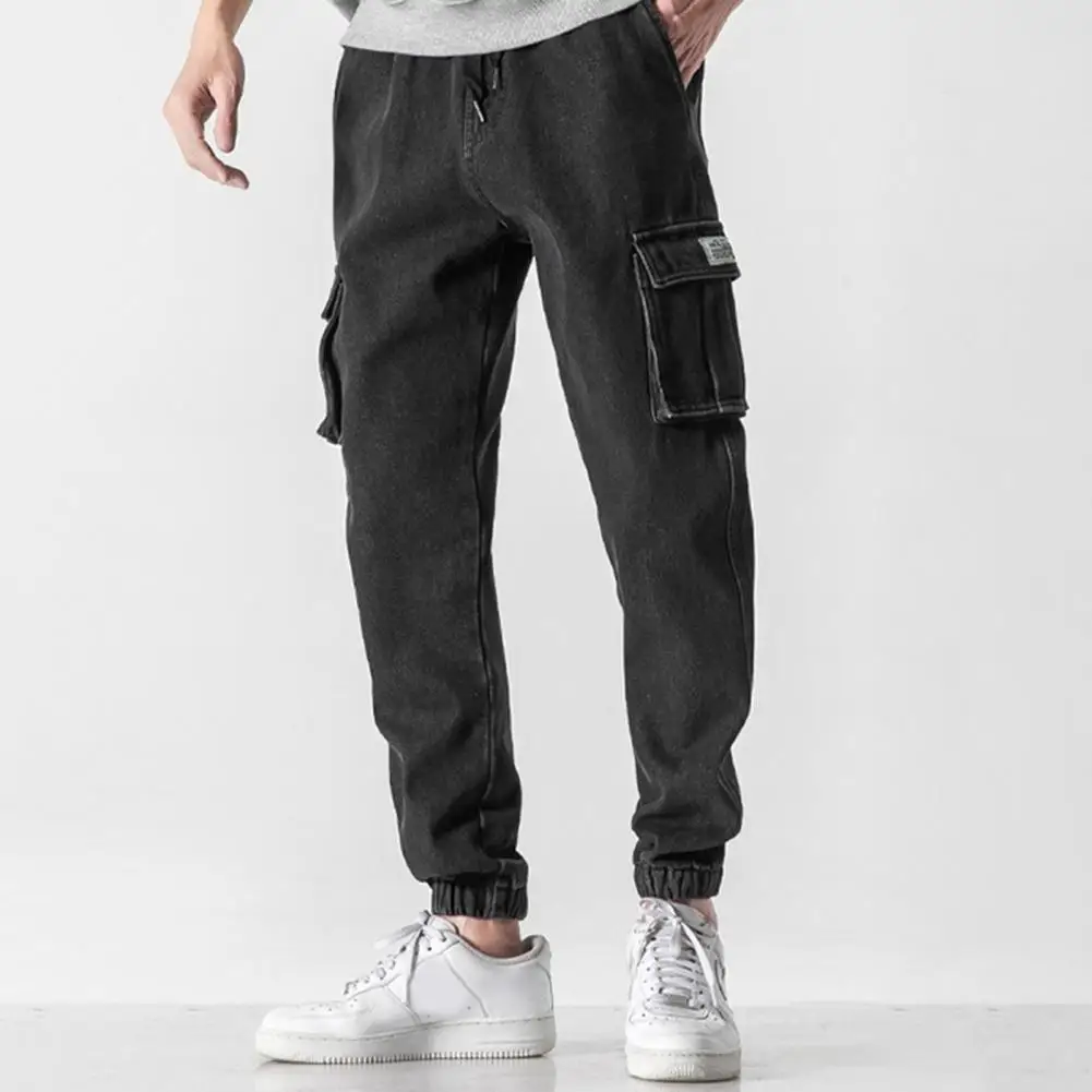 Men Hip Hop Cargo Jeans Pants Solid Color Multi Pockets Summer Autumn Lace-up Ankle Tied Denim Pants Male Baggy Jean Trousers