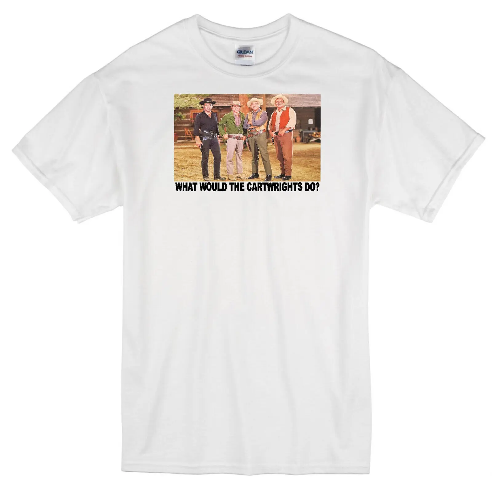 CARTWRIGHTS WWD? BONANZA TV WESTERN HOSS LITTLE JOE BEN PONDEROSA WHITE T-SHIRT