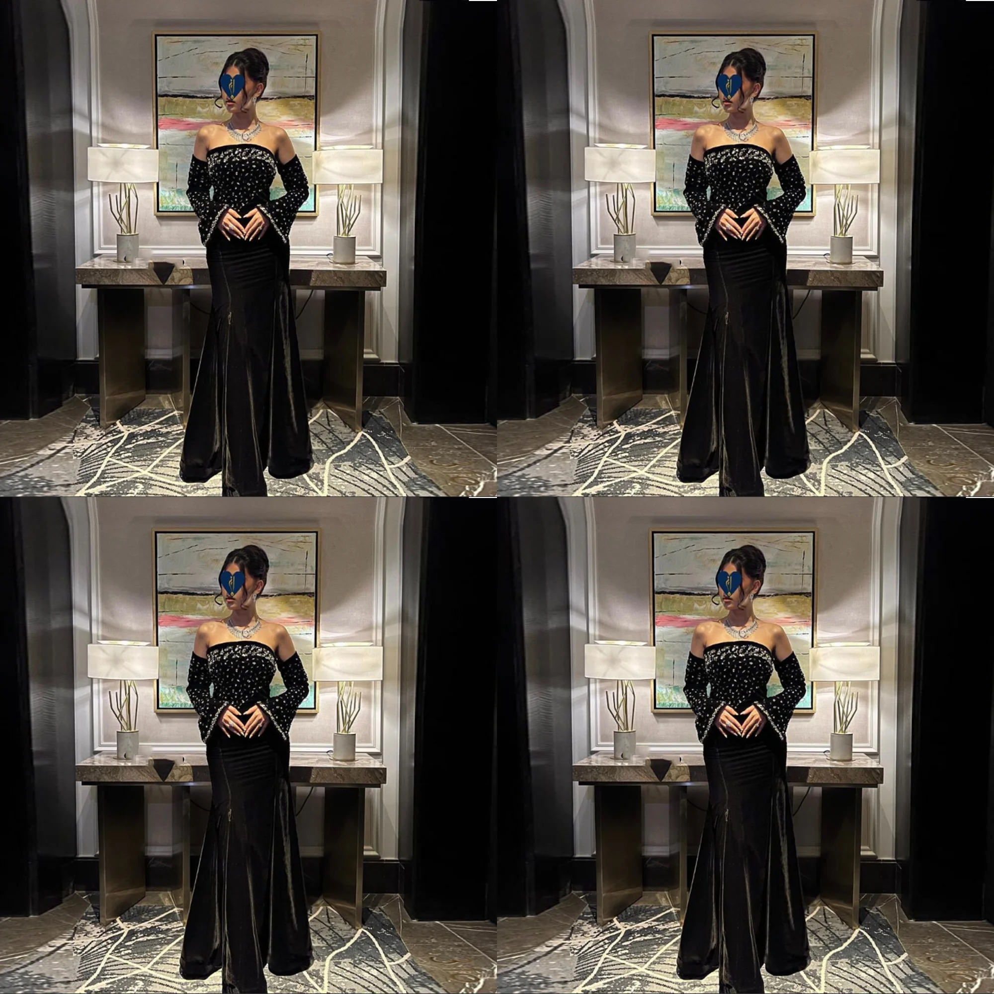 

Glamorous Customized Boat Collar Velet Sheath Backless Evening Bridal Dress 3/4 Sleeve Beaded Crystal Long Prom Party Gown