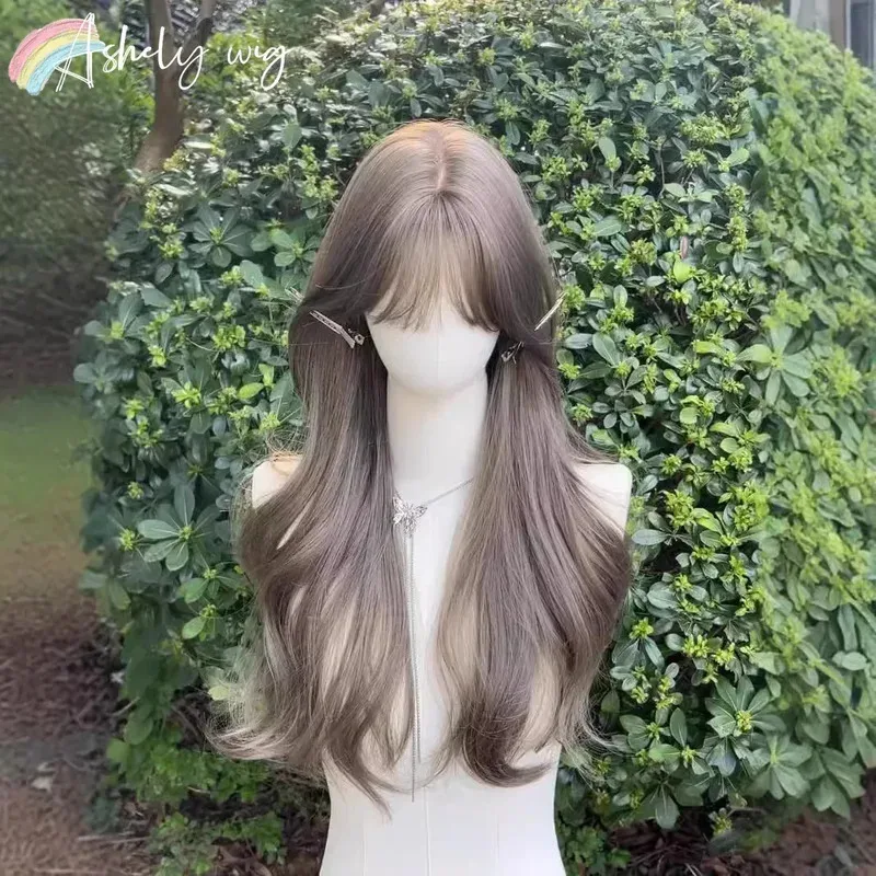 شعر مستعار بني رمادي مع الانفجارات شعر طبيعي طويل مموج 24 بوصة شعر مستعار مموج لوليتا لينة ارتفاع درجة الحرارة الألياف عقال شعر مستعار