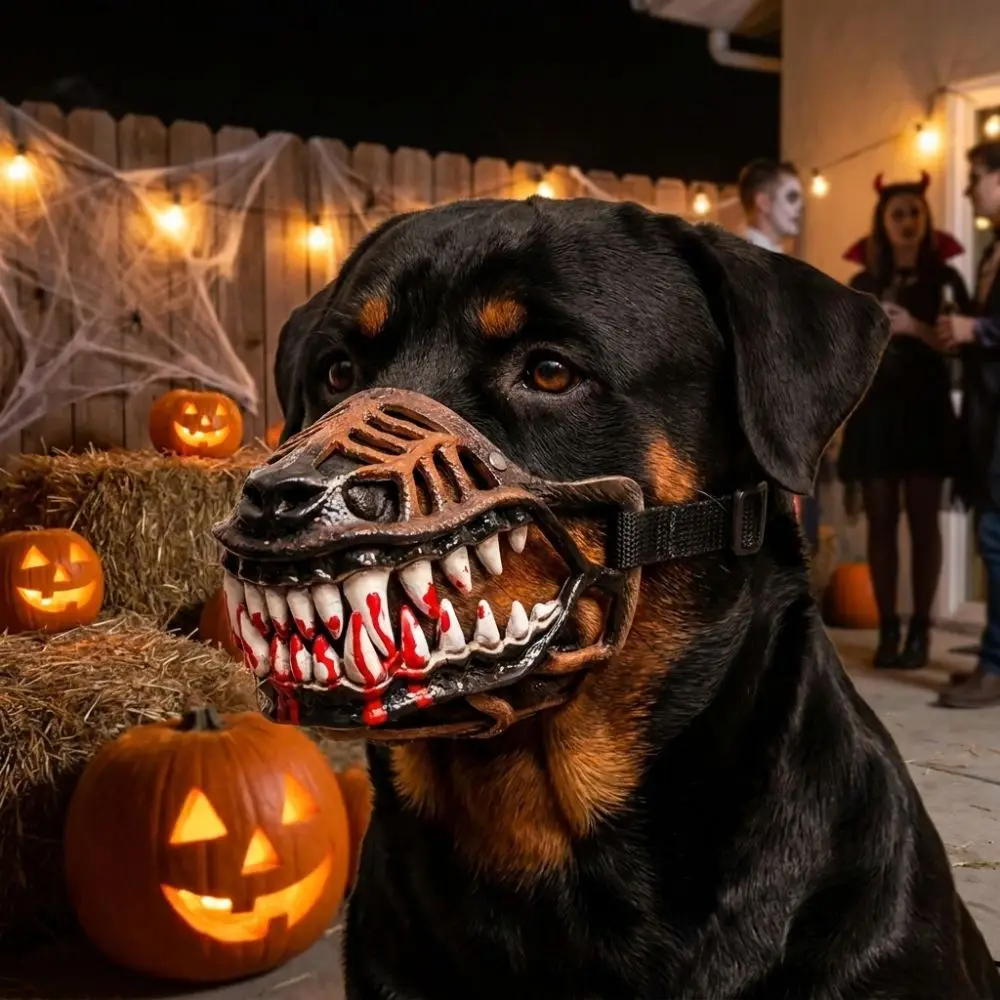 Vintage Halloween-Hundemasken mit beweglichen Zähnen, verstellbaren Riemen, Latex-Halbgesichtsmaske für Hunde, reißfest, realistische Zähne – Detail 10