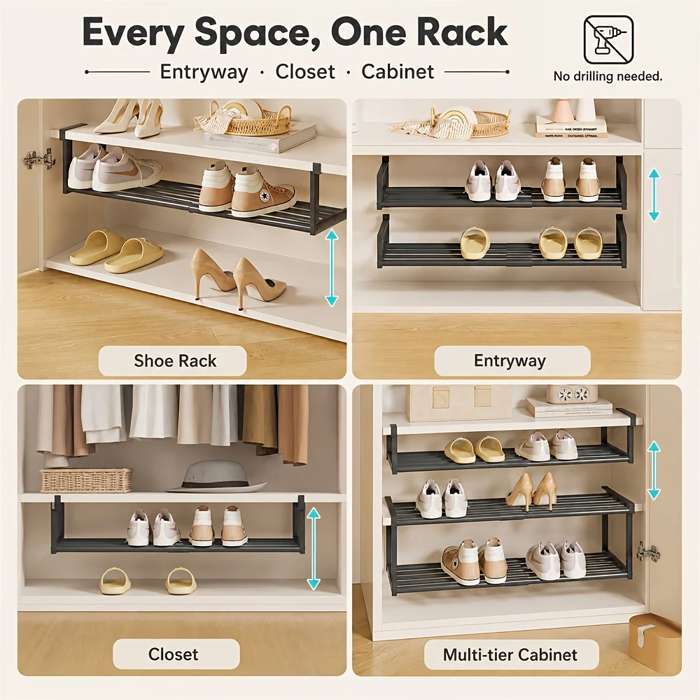 Iron Adjustable Shoe Shelf Cabinet Shelving Made From Sturdy Features Multi-tiered Shoe Rack Hangs Below Requiring No Drilling