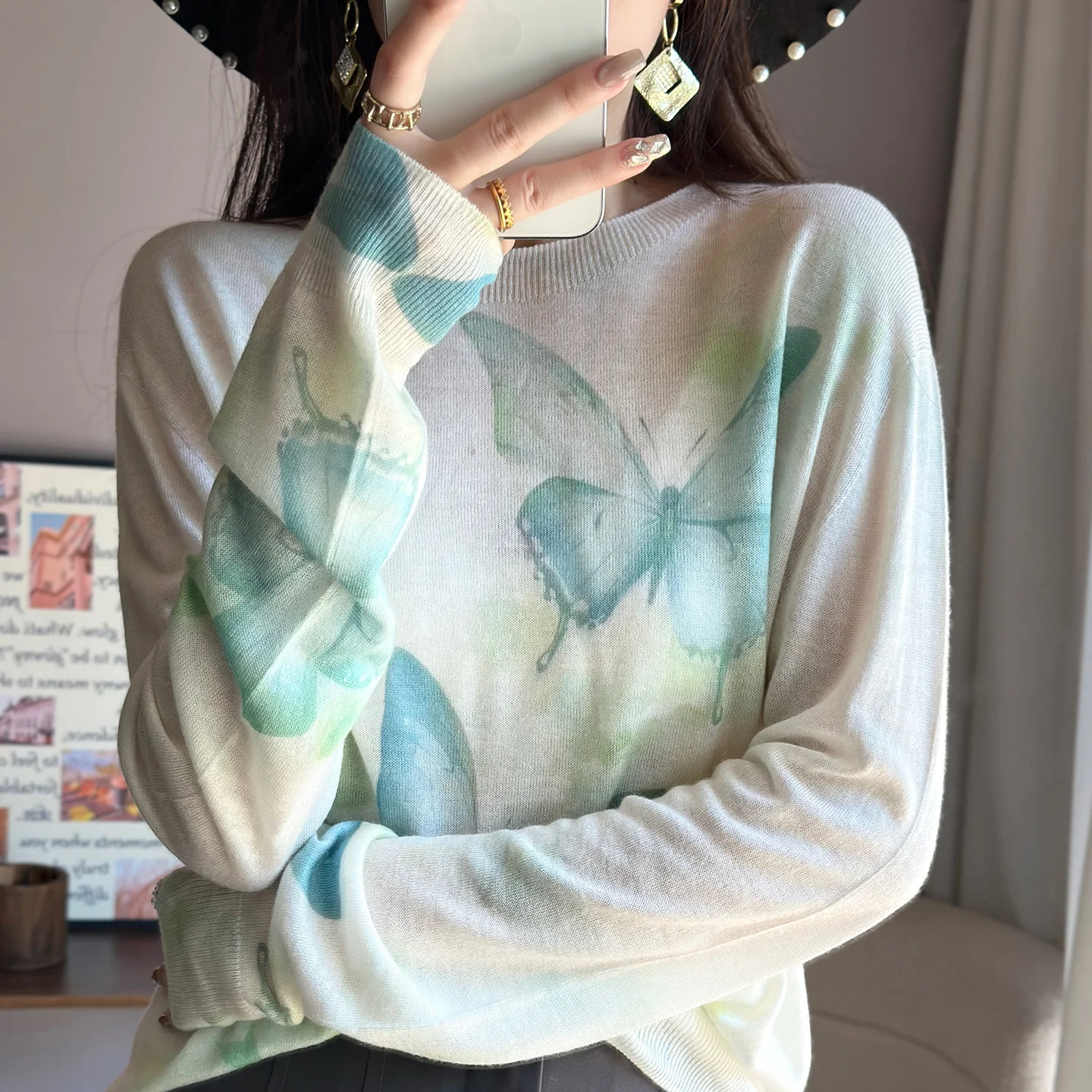 Suéter de lana Soluble en agua para mujer, Top informal de manga larga con cuello redondo y diseño de estampado de Joker, primavera y verano