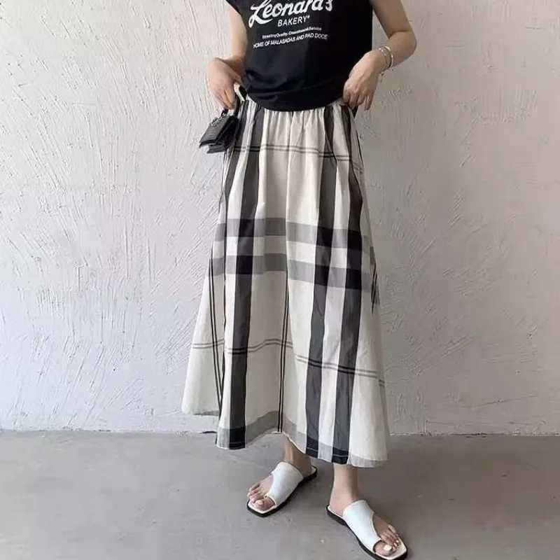 Women Skirt Color Matching High Waist Grid Skirts for Women Match All Fashion Loose Full Skirt Mid-length 2025 Spring Casual Y2K