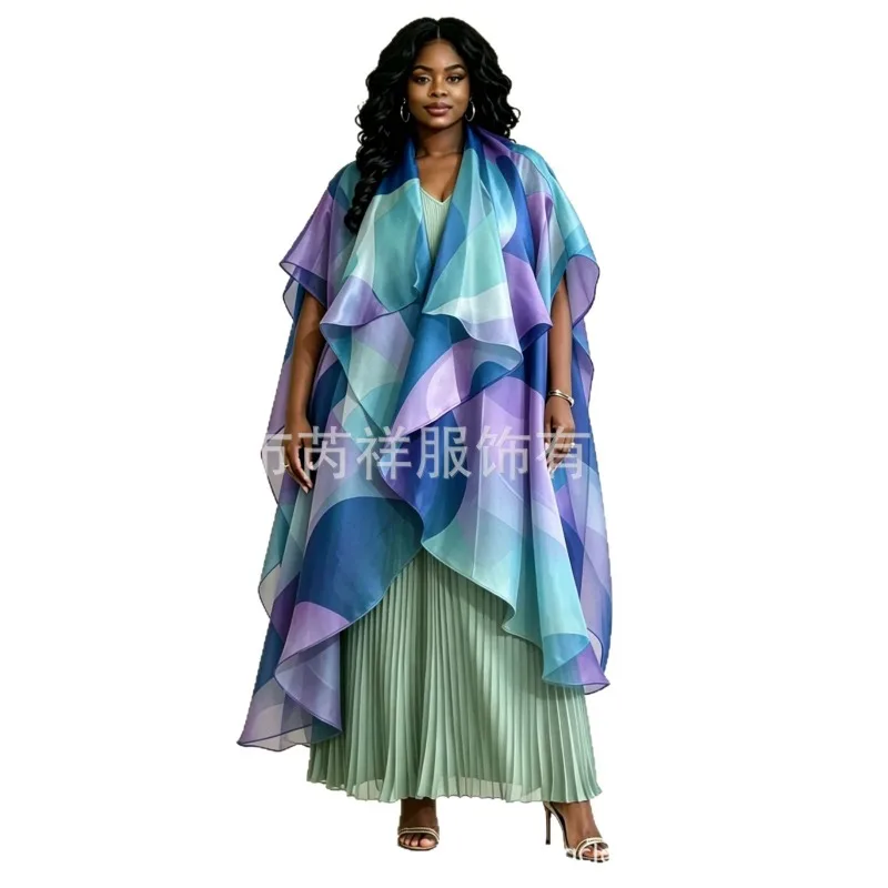 Miyake Pleated European and American African New Printed Loose Pants + Short Sleeve Top + Organza Shawl Three-Piece Pants Set