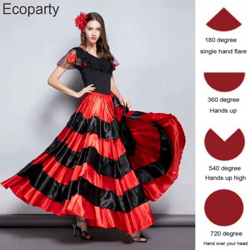 Women Gypsy Girls Cosplay Skirts Spanish Flamenco Dance Red Striped Skirt Satin Silk Big Swing Team Dancing Performance Costume