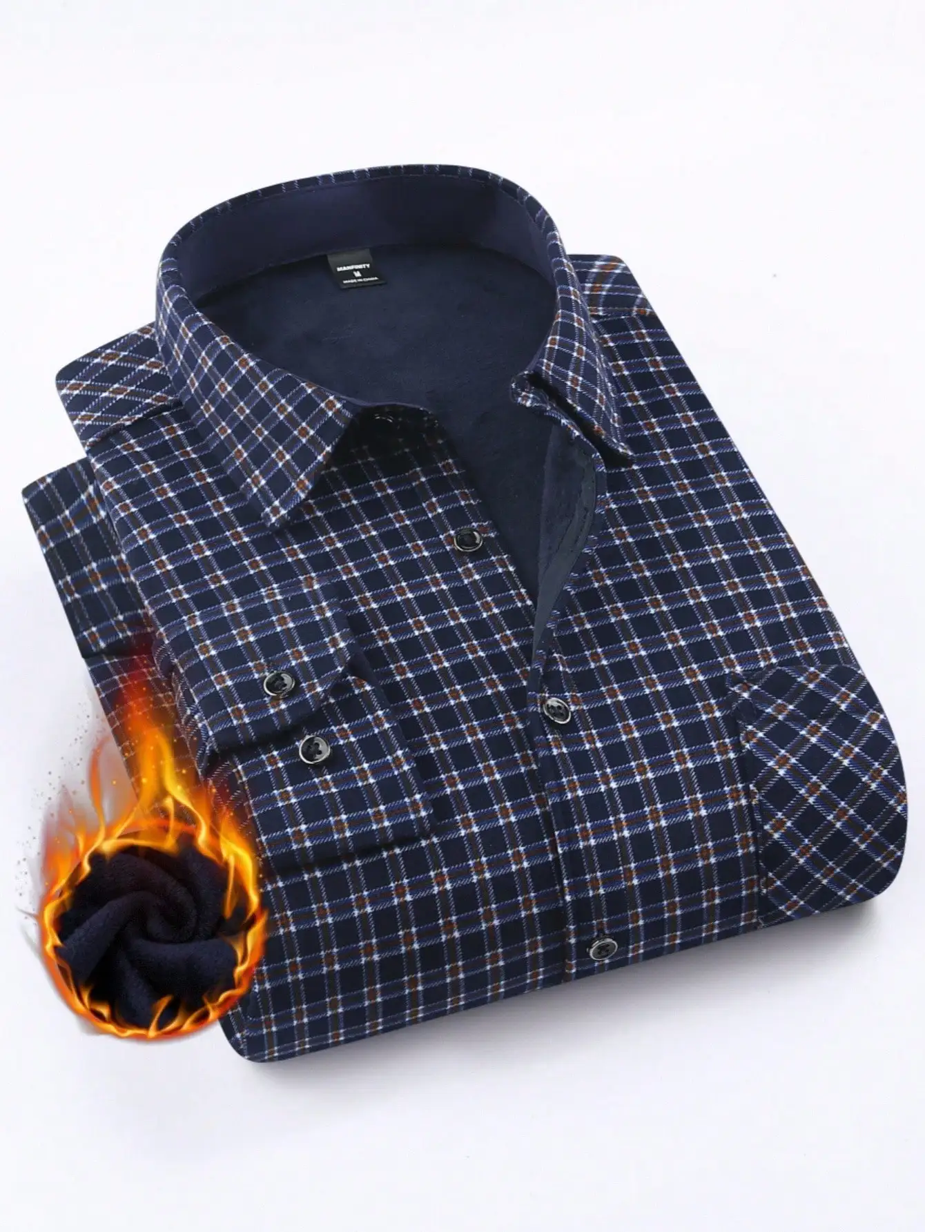 

Men's Navy Plaid Long Sleeve Thermal-Lined Casual Shirt for Fall