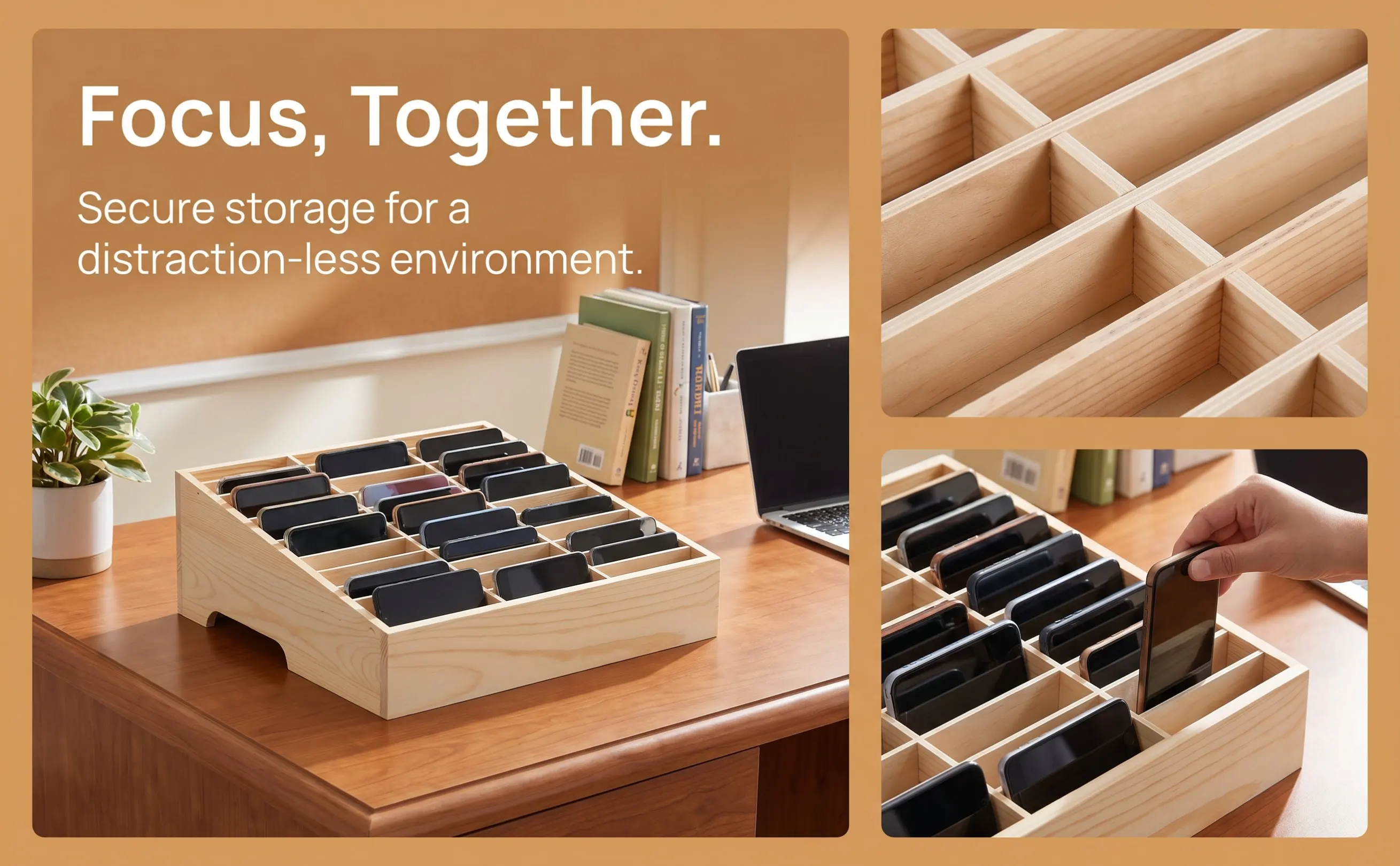 Mobile Phone Management Box Temporary Wooden Multi-Grid Office Cell Phone Storage Organizer Desktop Display Rack