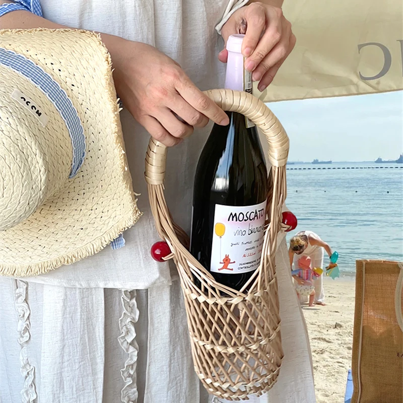 

Rattan Woven Storage Basket Pastoral Handmade Woven Red Wine Handle Basket Storager Outdoor Picnic Vacation Wine Bottle Basket