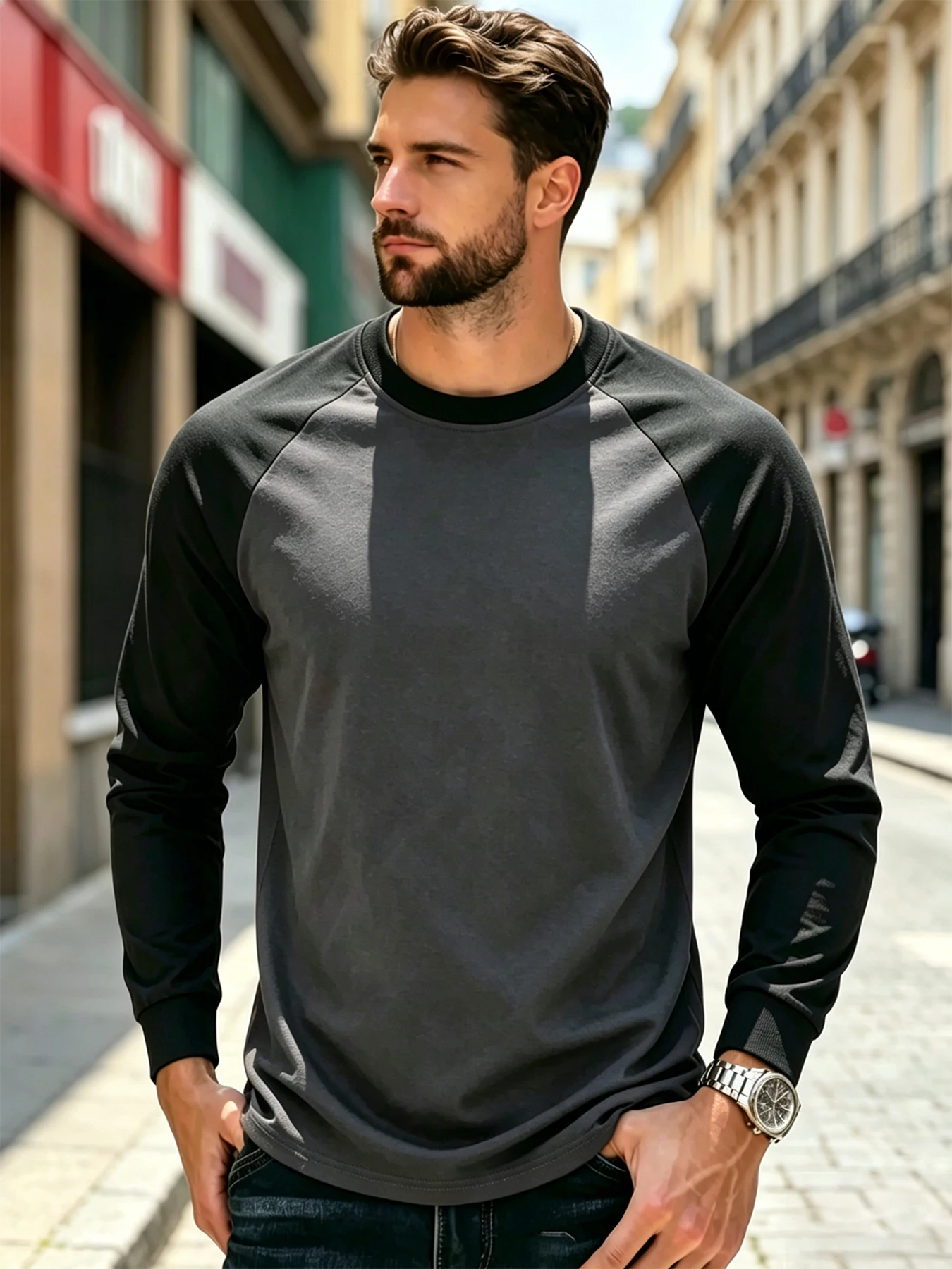 Autumn Men Long Sleeve Crew Neck Contrast Color Tshirt Ribbed Cuff Curved Hem Breathable Sport Streetwear Tops