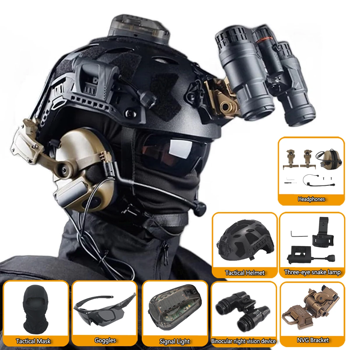 

Tactical Helmet with Communication Headset Night Vision Model Signal Light for Shooting Hunting Game FAST Airsoft Helmet Set