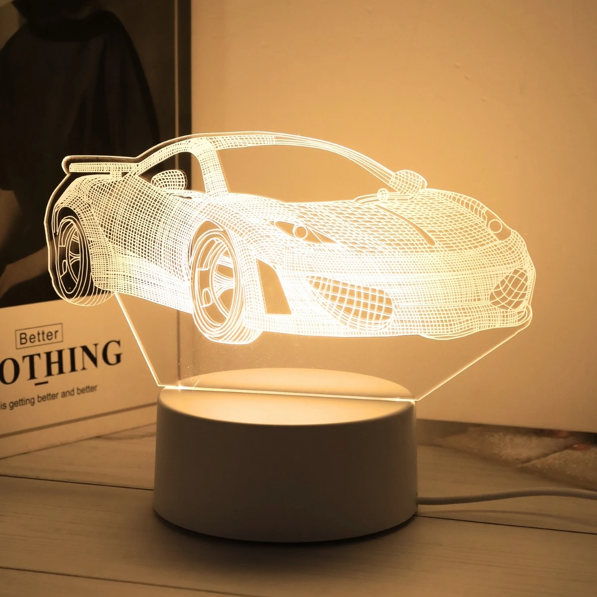 Cool 3D sports car night light, USB warm color light, home office study bedroom desktop decoration atmosphere light, gift light