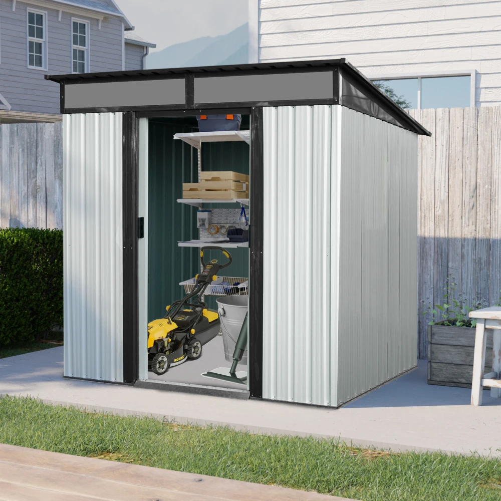 

6ft x 5ft Outdoor Metal Storage Shed with Lockable Sliding Doors and Transparent plate for Garden, Lawn ( White and Black )