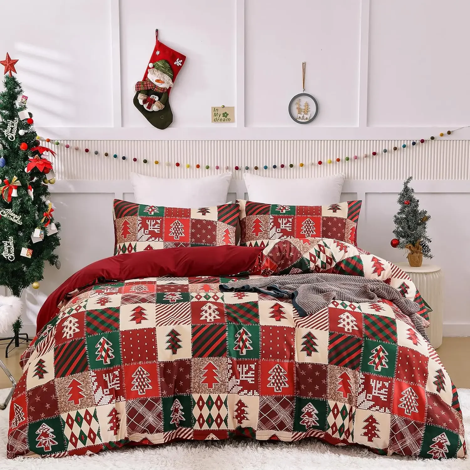 Christmas Duvet Cover Set Patchwork Plaid Bedding Set Red and Green Christmas Tree Printed Duvet Soft Duvet Comforter Covers