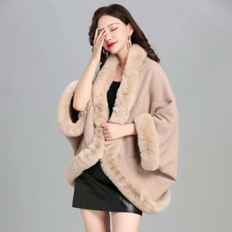 6 farben Winter Frauen Kurze Streetwear Mantel Faux Kaninchen Pelz Kragen Granulat Samt Cape Poncho Batwing Ärmeln Lose Mantel