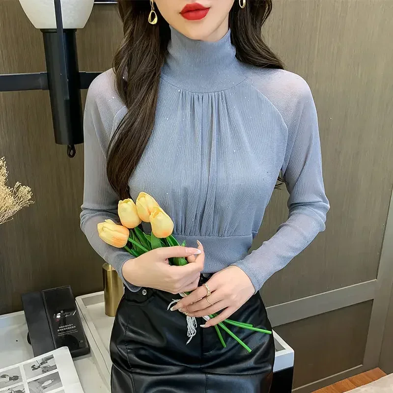 

Sequin Long Sleeve T Shirt for Women Rhinestone Slim Plain Glitter Tops Woman Korean Popular Clothes With Sleeves Pulovers Kpop