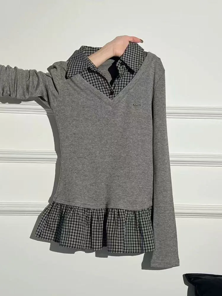 Plaid Patchwork T Shirt for Women Autumn Slim Lapel Color Block Casual Tees Japanese Harajuku Preppy Long Sleeve Splicing Tees