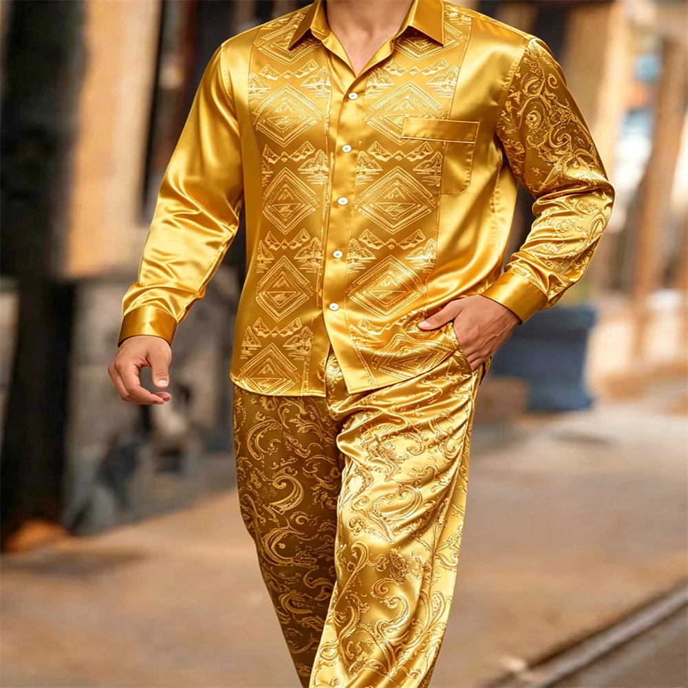 Men Satin Silk 2 Piece Set Luxury  Jacquard Long Sleeve Shirt Pants Suit Men Turn‑down Collar Button‑Up Shirt   Party Casual