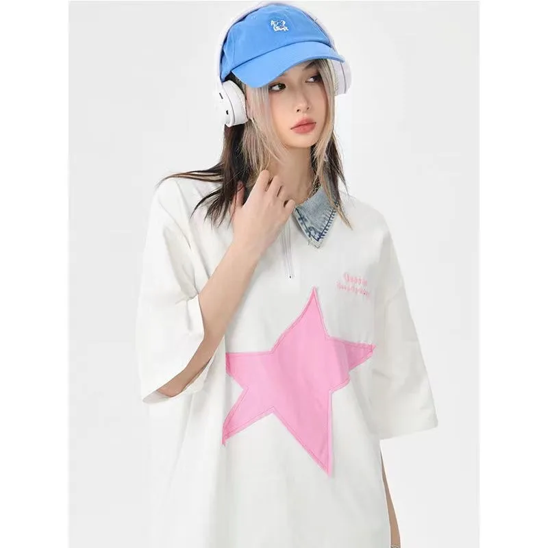 DAYIFUN-Women's Star Patch T-Shirts,Summer Thin Denim Casual,Turn Down Collar,Shirts,Loose,Long Short-sleeved Couple Tops