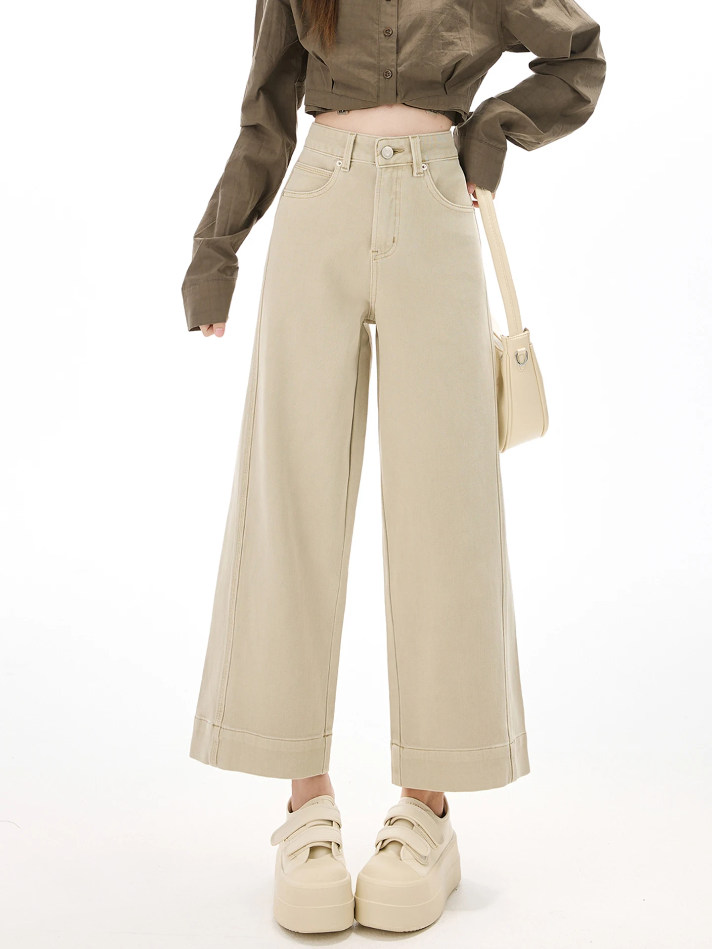 

Широкие джинсовые джинсы с высокой талией, женские весенне-осенние свободные тонкие прямые брюки-трубы, брюки с девятью точками цвета чая молока