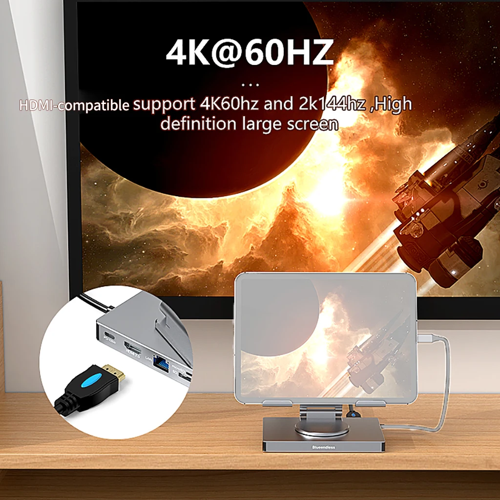 Imagem -03 - Hub Multi Usb c com Suporte Rotativo 360 ° Compatível com Hdmi 4k 60hz pd 100w Usb 3.0 sd tf para Ipad Pro Docking Station para Tablet 5gbps