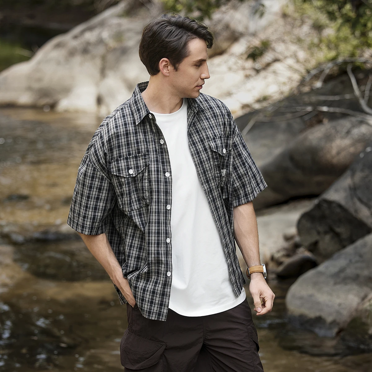 

High Quality Checkered Workwear Shirt for Men Summer American Vintage Plaid Shirt with Flip Collar Loose Versatile Oversize Tops