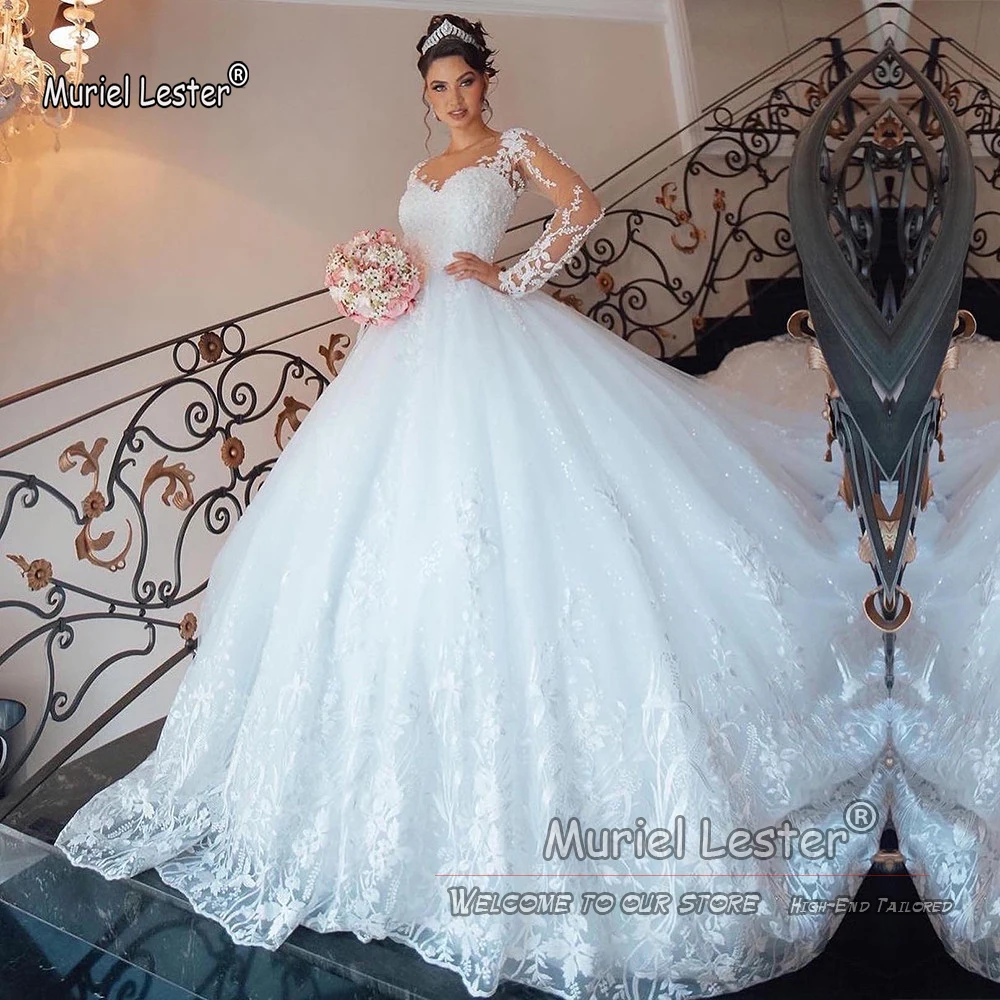 White Princess Ball Gown Wedding Dress With Nude Tulle Long Sleeves Appliques Bridal Gowns Custom Women Formal Party Clothing