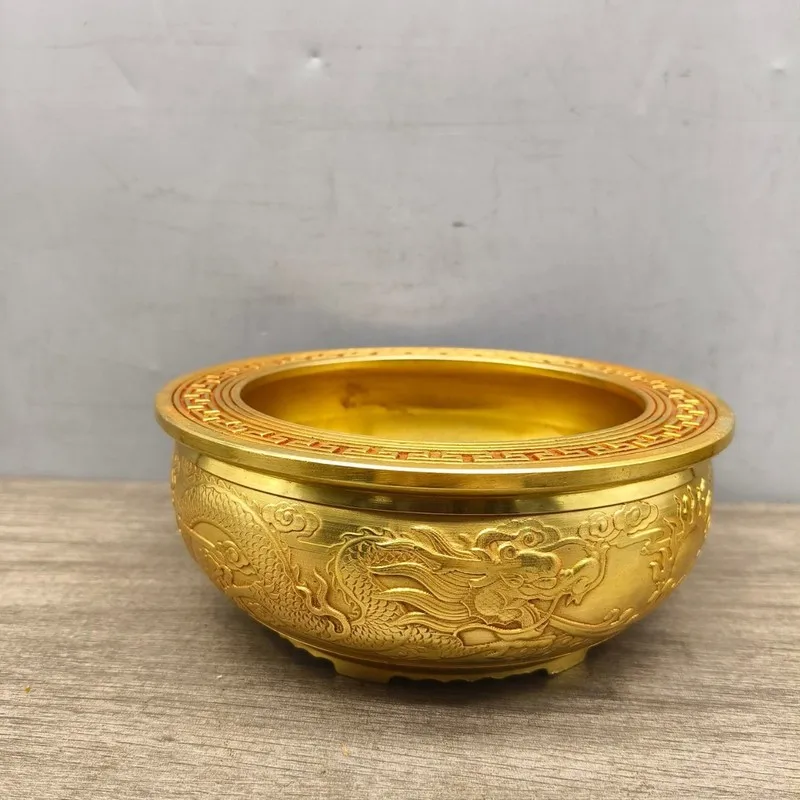 Brass Dragon Pattern Treasure Basin with Embossed Auspicious Dragon Playing with Pearls, Wealth-Attracting Ornament