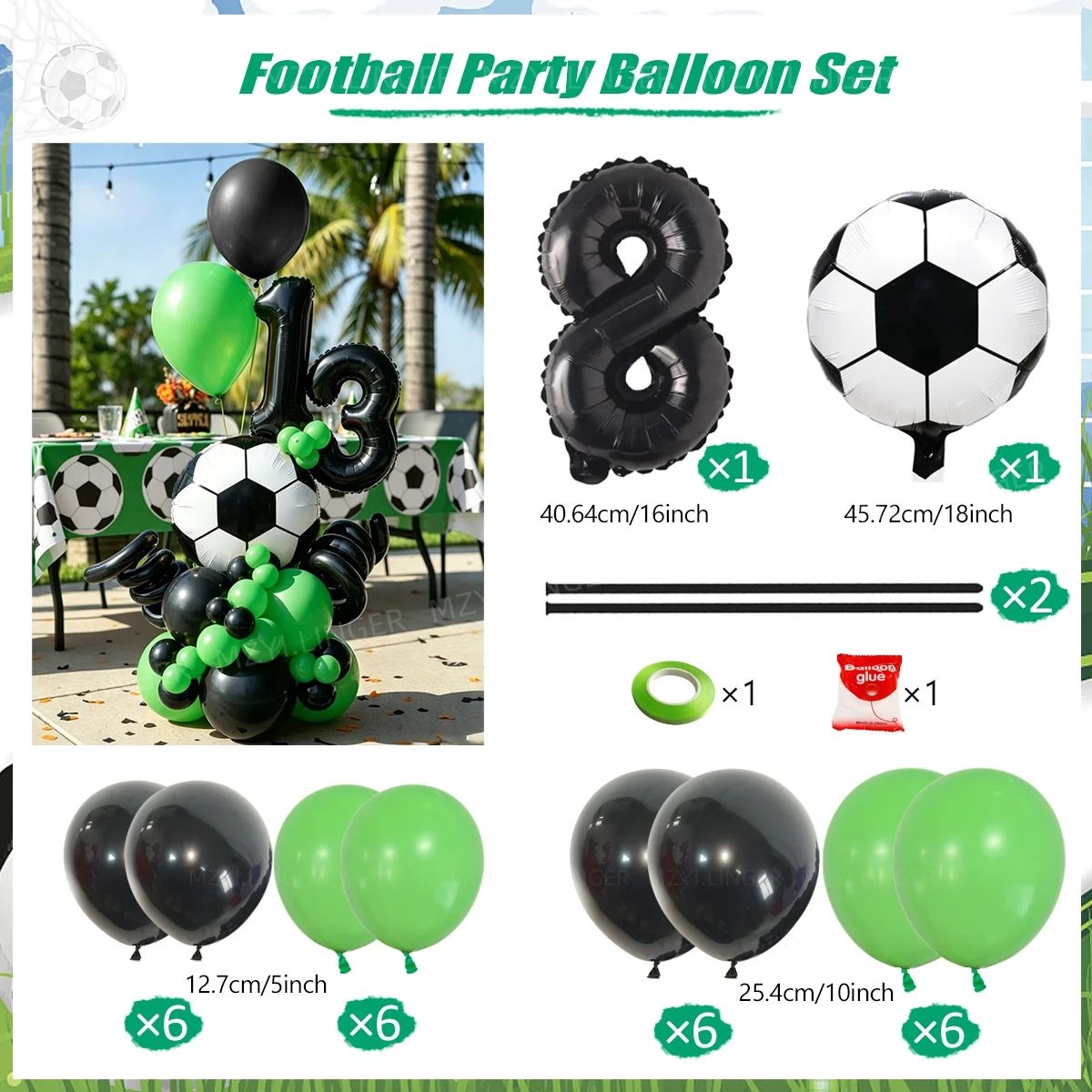 Fußball-Themen-Ballon-Set, 16 Zoll große schwarze nummerierte Ballons 0-9, Fußball-Bedruckte Ballons, Sport-Themen-Geburtstagsparty-Dekoration – Detail 8