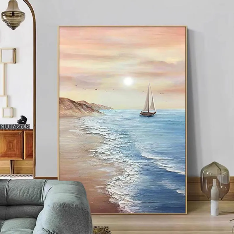 Coastal Sunset Sailboat print Poster Wall Art - Nautical Style Decor with Blue & Orange Tones, Perfect for Living Room, Bedroom,