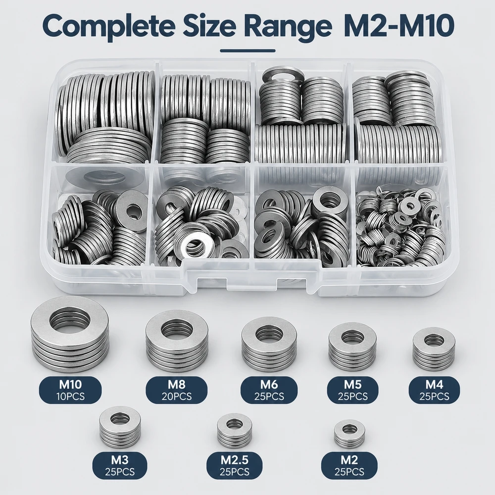 180 Piece 304 SS Flat Washer Set M2 to M10 Polished Corrosion Resistant Metal Fasteners for DIY Enthusiasts
