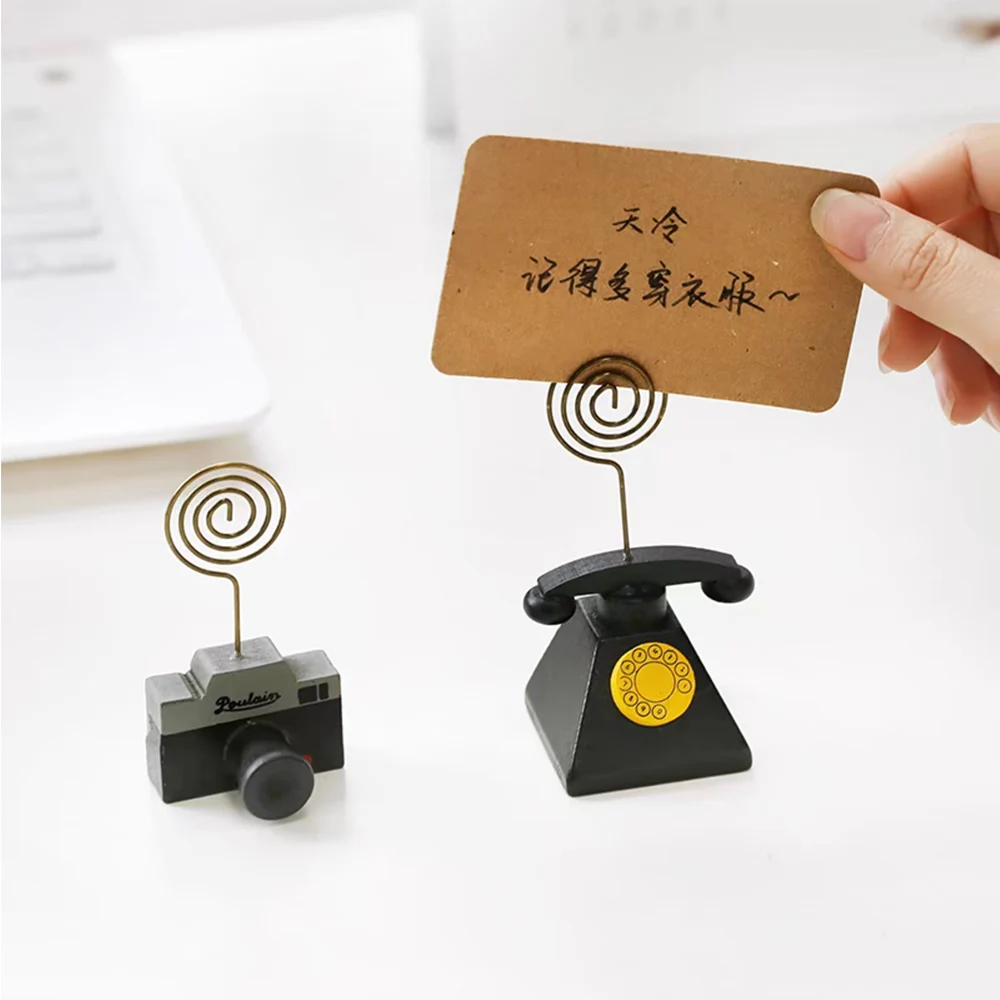 Vintage Wooden Desktop Message Clip Creative Clock Camera Photo Paper Card Clip Wedding Favors Stander Holder Home Decorations