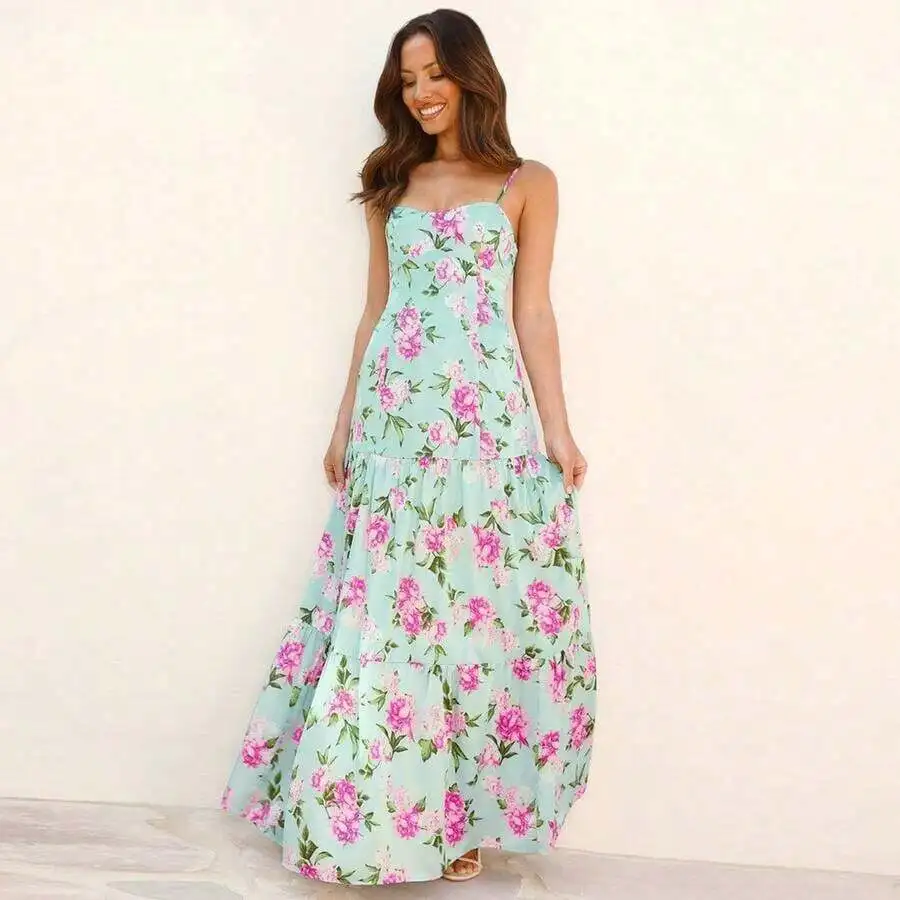 

Womens Floral Print Spaghetti Strap Beach Vacation Maxi Dress Summer