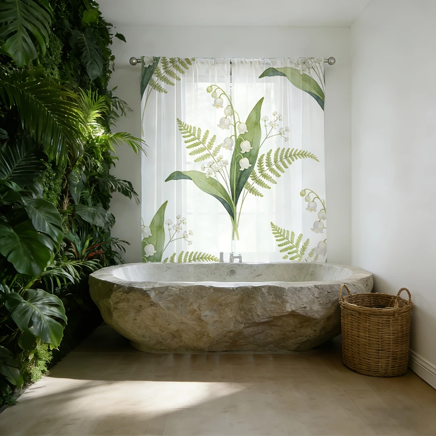2PCS Digital Print Sheer Curtain, Lily of the Valley Fern Leaf, Boho Chic Window Curtains for Living Room Bedroom Decor