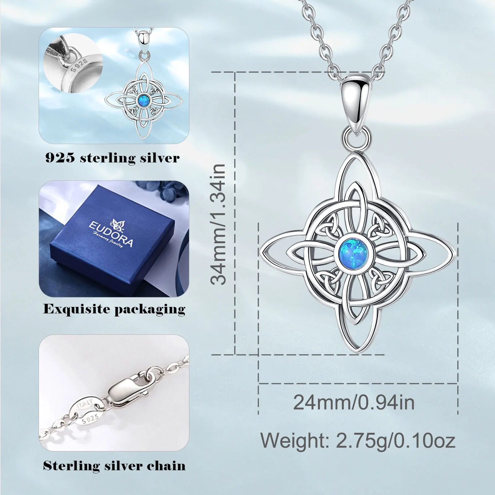 Eudora 925 Sterling Silver Witchcraft Celtic Knot Geometry Necklace Men Women Opal Wicca Amulet Necklaces Witch Jewelry Gift