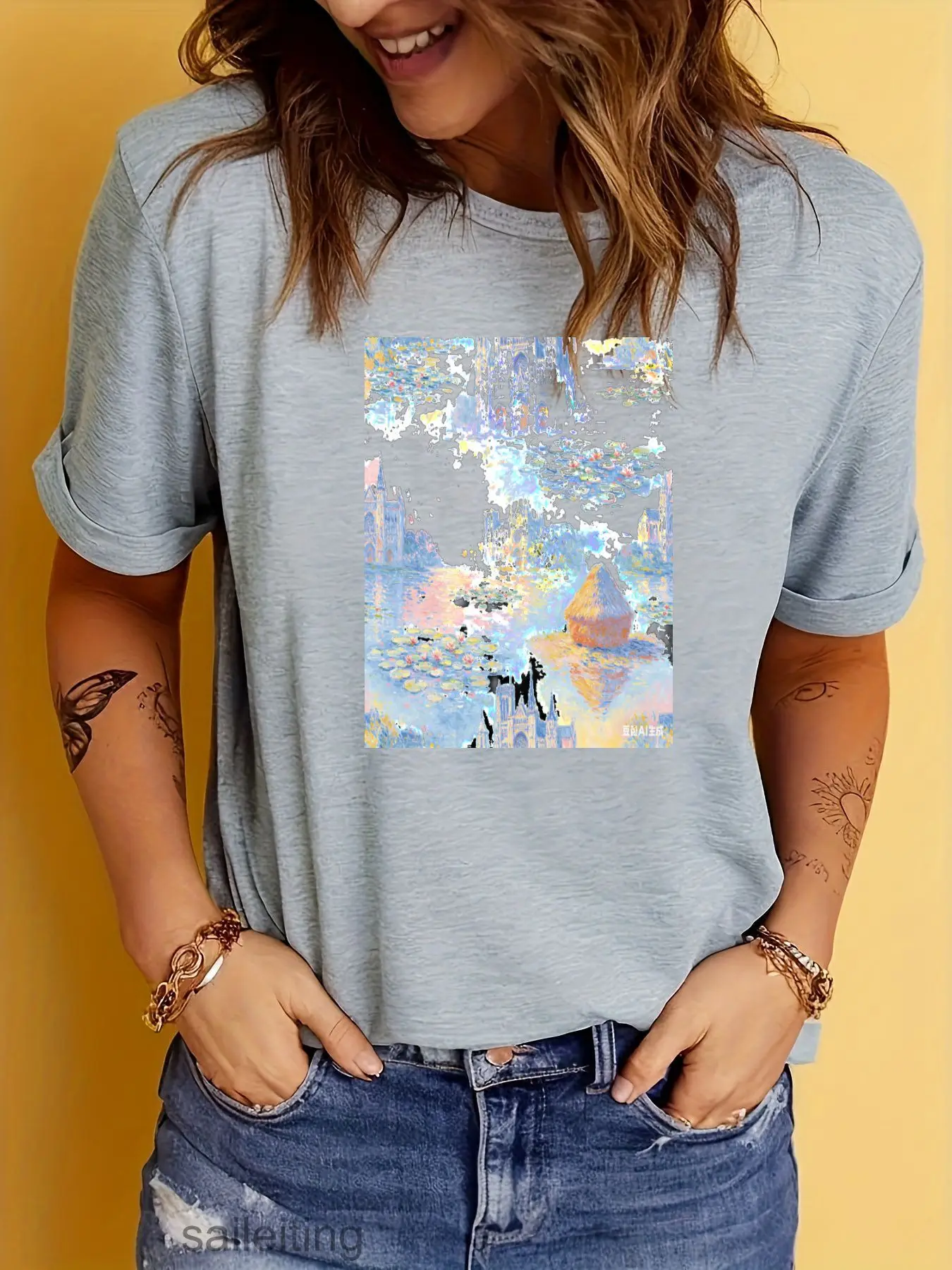 Abstract Pastel Cityscape T-Shirt Women Men - Dreamy Surreal Urban Art Tee, Soft Short Sleeve Summer Breathable Casual Top, U